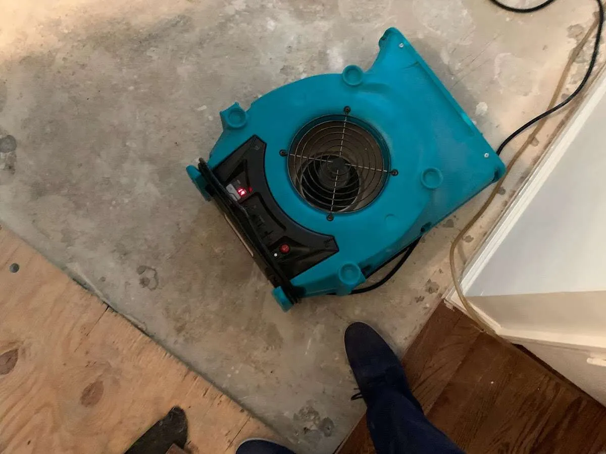 Air mover drying subfloor during Leak Detection & Repair in Westwego